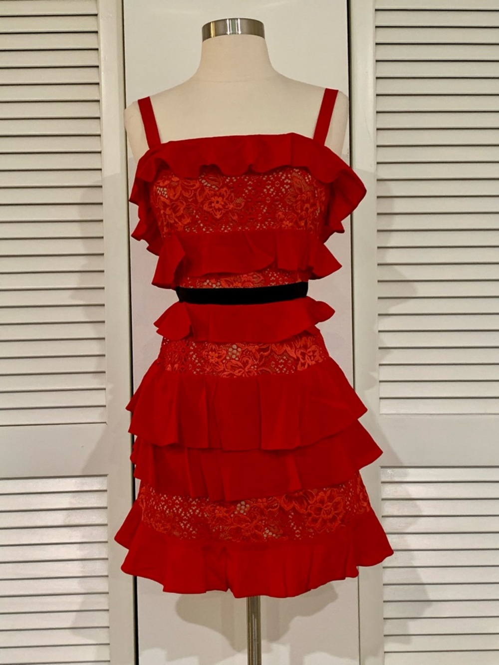 For Love & Lemons Red Tiered Ruffle Lace Mini Dress